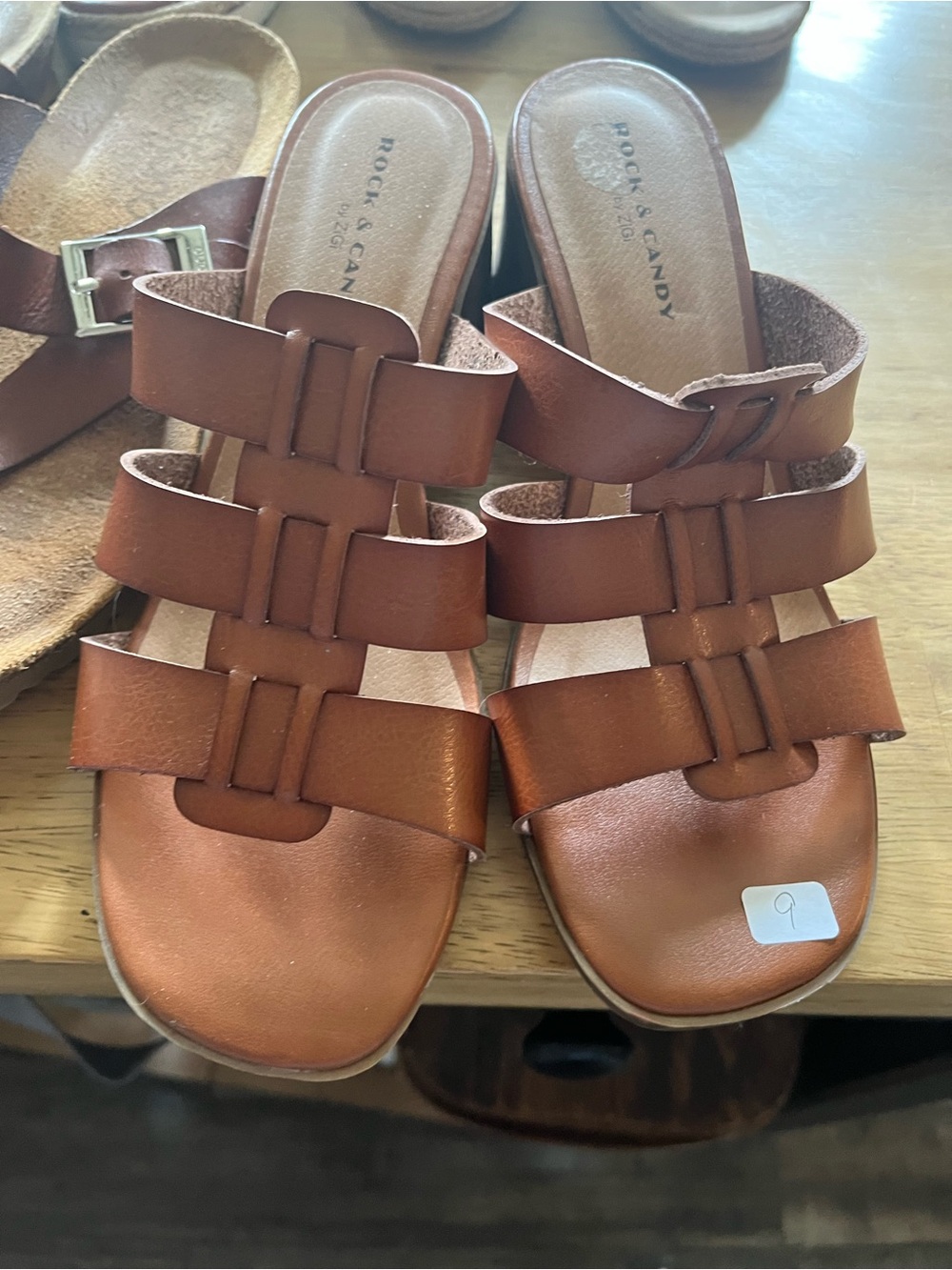 Rock & Candy Women's Cognac Brown Multi-Strap Slide Sandals